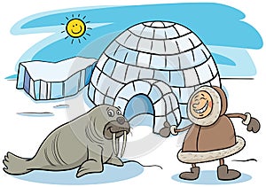 Cartoon Eskimo or Lapp with igloo and walrus