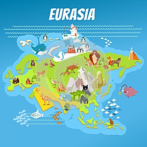 Cartoon eurasia continent map with animals photo