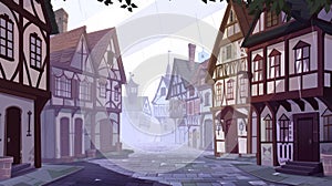 Cartoon evening historical cityscape with half-timbered houses on misty pavement. Gloomy windy weather with fog