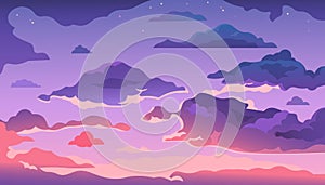 Cartoon evening sky. Sunset or morning landscape with clouds and gradient sky, colorful heaven skies background. Vector