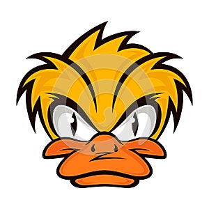Cartoon evil face duck on the grey background.