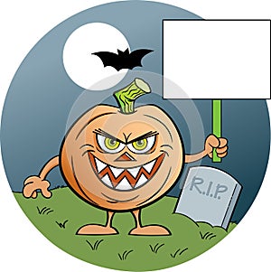Cartoon evil jack o lantern with a background holding a sign.