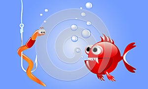 Cartoon evil red fish looking at a worm on a fishing hook underwater with bubbles.