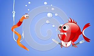 Cartoon evil red fish looking at a worm on a fishing hook and wants to eat it.