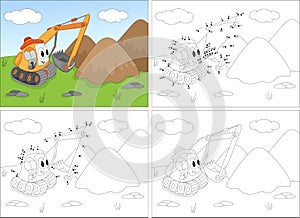Cartoon excavator. Coloring book and dot to dot game for kids
