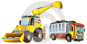 Cartoon excavator for industrial usafe construction site illustration for children