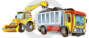 Cartoon excavator for industrial usafe construction site illustration for children