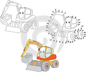Cartoon excavator. Vector illustration. Coloring and dot to dot photo