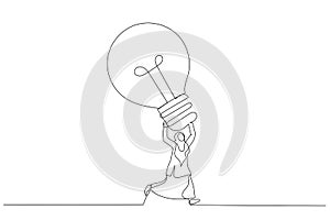 Cartoon of excited muslim businesswoman carrying big lightbulb idea running to invent new product. Big idea. Single continuous