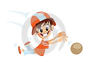 Cartoon excited smiling boy vector character trying to catch ball