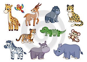 Cartoon exotic animal. Safari animals, monkey, lion and giraffe. Zoo life, garish exotic wild cute characters. Baby