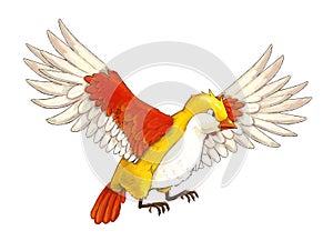 Cartoon exotic colorful bird - flying on white background