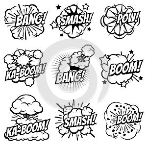 Cartoon explode icons. Comic book explosion bubbles. Pop art big bang and boom smoke clouds vector set