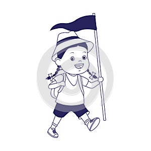 Cartoon explorer girl with a flag