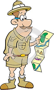 Cartoon explorer looking at a map.