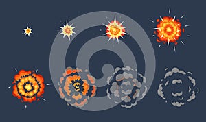 Cartoon explosion animation. Exploding effect frames, animated shot explode with smoke clouds vector illustration set photo