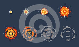 Cartoon explosion animation. Exploding effect frames, animated shot explode with smoke clouds vector illustration set