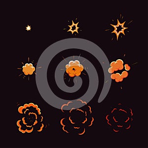 Cartoon explosion boom. Explode effect, animation with smoke, storyboard comics game design. vector illustration