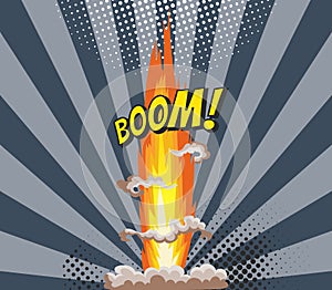 Cartoon explosion effect with smoke. Colorful funny banner in comics book and pop art style. Comic book explosion bang