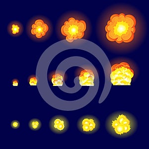 Cartoon explosion effect with smoke. Effect boom, explode flash, bomb comic book, vector illustration. Animation for
