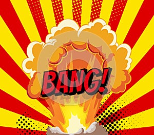 Cartoon explosion effect with smoke. Retro boom banner. Comic book explosion bang on sunbeam striped background