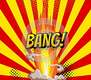 Cartoon explosion effect with smoke. Retro boom banner. Comic book explosion bang on sunbeam striped background