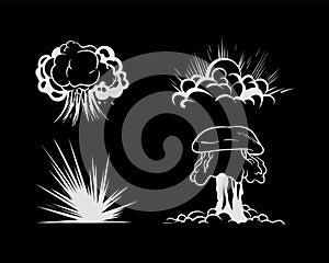 Cartoon explosion. Energy blast, smoke cloud, white fire flash isolated on black background. Atomic bomb detonation