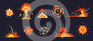 Cartoon explosion. Exploding bomb, atomic explode effect and comic explosions smoke clouds vector illustration set