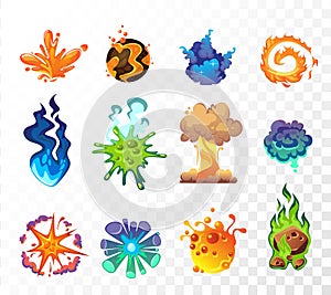 Cartoon explosion icon set on transparent background.Vector Boom effect vector elements for game design, illustrations etc.