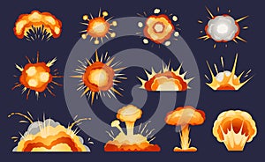 Cartoon explosions. Atomic mushroom cloud, bomb explosion effect, fire blast smoke, dynamite detonation. Explosive burst