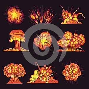 Cartoon explosions. Bomb explosion, fire bang with smoke effect. Explode dynamite, flash destruction, danger objects