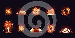 Cartoon explosions. Comic fantasy blast effect with fire and smoke, energy explosive sphere and weapon detonation, UI