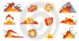 Cartoon explosions. Exploding bomb, fire cloud and explosion burst vector illustration set
