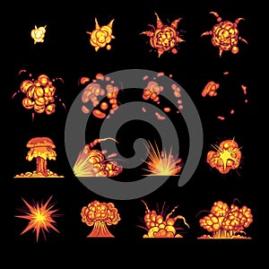Cartoon explosions. Fire bang effect with smoke, flame and particles, boom detonate flash comic atomic bomb, animation