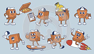Cartoon express delivery box mascot. Rocket fast parcel delivery, happy courier character isolated vector illustration