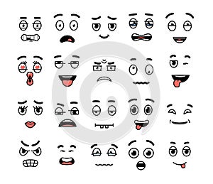 Cartoon expressions. Character face expressing, mouths and eyes. Diverse emotions, isolated fun, serious, winking comic