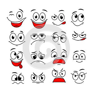 Cartoon expressions. Cute face elements eyes and mouths with happy, sad and angry, disbelief emotions. Caricature vector