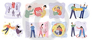 Cartoon extravert and introvert people. Personal space, social distancing, psychology concept photo