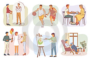 Cartoon extravert and introvert people. Social distance, orientation inwards and outwards, open and closed character photo
