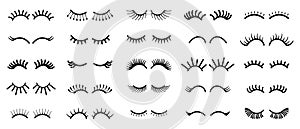 Cartoon eye. Outline cute eyelashes. Contour minimalistic sketch of long curved female lashes. Decorative templates for