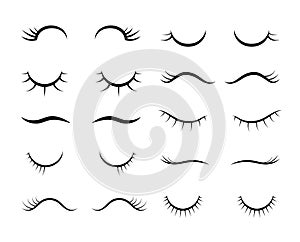 Cartoon eyelashes. Cute beautiful closed girl or unicorn eyes. Eyelashes with mascara makeup vector set