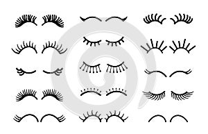 Cartoon eyelashes. Cute unicorn face lashes, pretty closed animal eyes isolated on white. Vector simple eyelash set