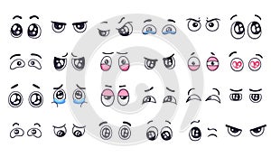 Cartoon eyes. Comic watching eye, funny facial eyes expressions and human emotions happy and crying sad doodle pair eye