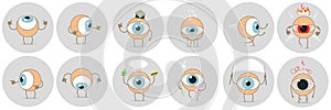 Cartoon eyes with different expressions, showing the side, education, power, status, emotions. Vector