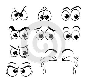 Cartoon eyes set - sad, angry, cry isolated on white background