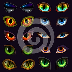 Cartoon eyes vector devil eyeballs of beast or monster and animals scary expressions with evil eyebrow and eyelashes