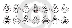 Cartoon face emoji eye. Expressive emotion eyes and mouth, smiling, crying and surprised character face. Emotions of joy, surprise