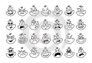 Cartoon face emoji eye. Expressive emotion eyes and mouth, smiling, crying and surprised character face. Emotions of joy, surprise