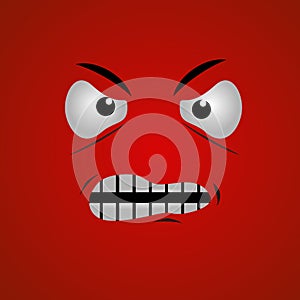 Cartoon face expression. Kawaii manga doodle character with mouth and eyes, angry face emotion, comic avatar isolated on red