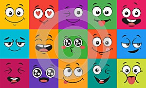 Cartoon face expressions. Happy surprised faces, doodle characters mouth and eyes vector illustration set